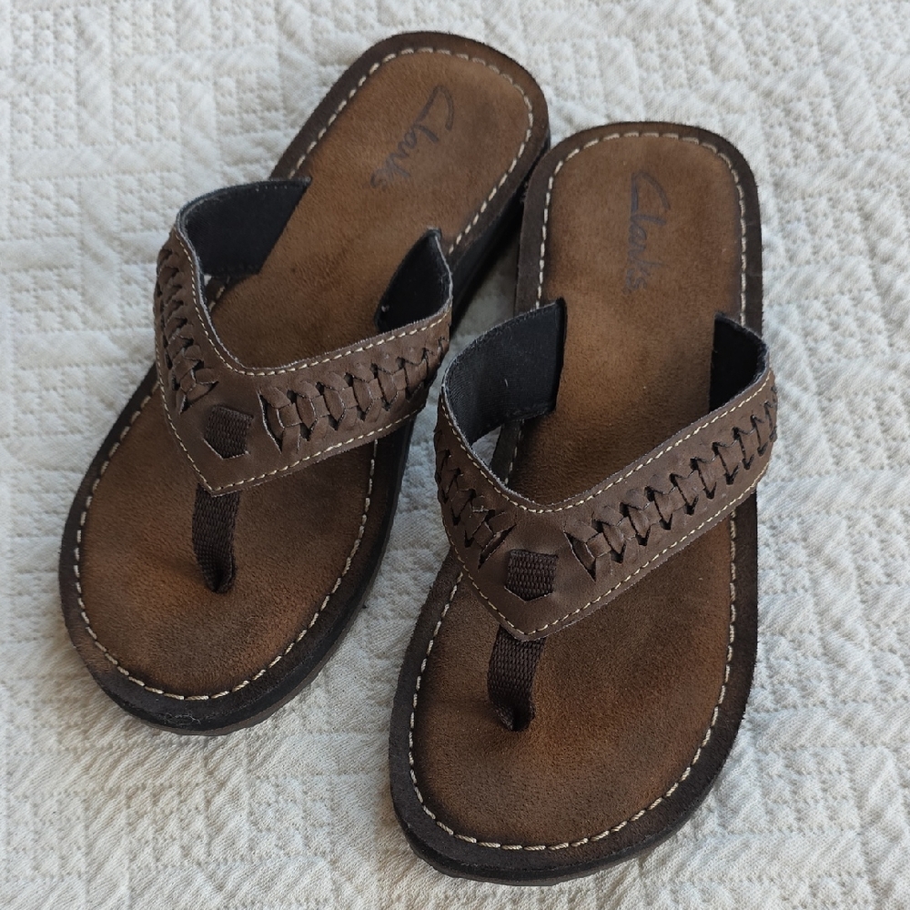 Clarks Brown Braided Leather Thong Sandals
